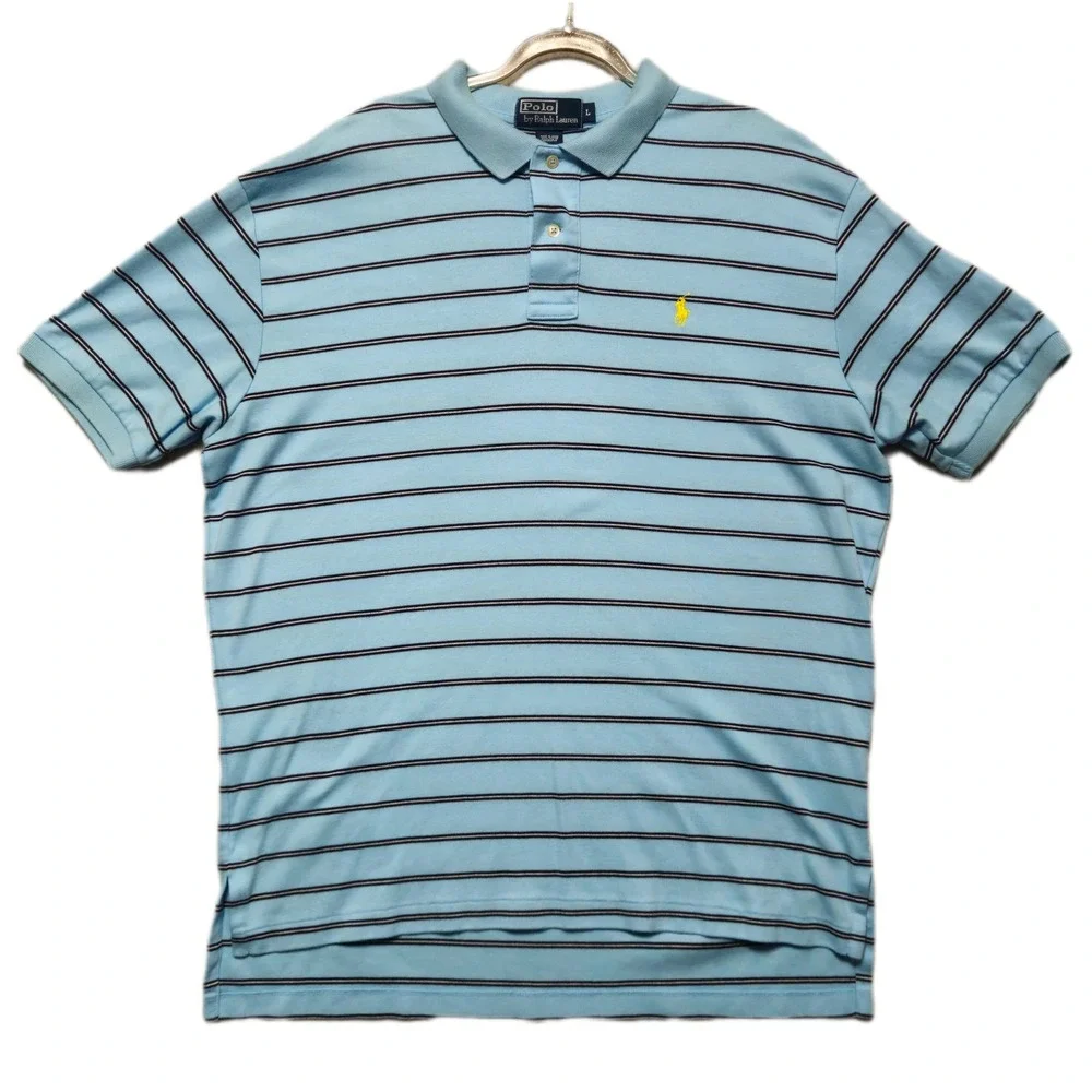 POLO RALPH LAUREN Polo Shirt Mens Large Blue Stripe Pony Logo Cotton Classic
